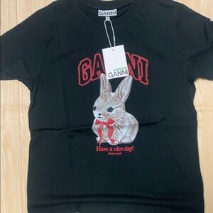 Ganni Black Tee with Bunny Graphic and Red Accents
